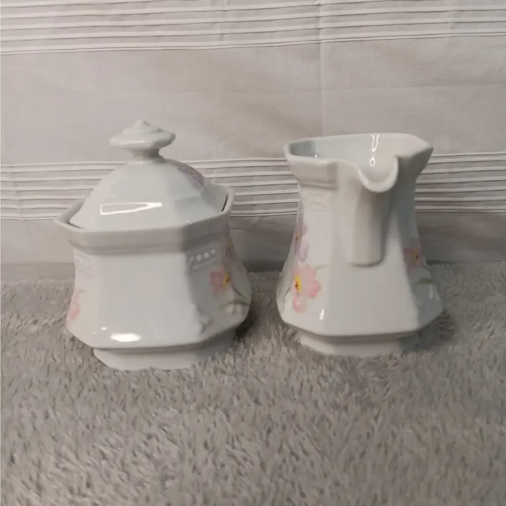 Mitterteich Floral Creamer and Sugar Dish Bowl with Lid White Purple Vintage